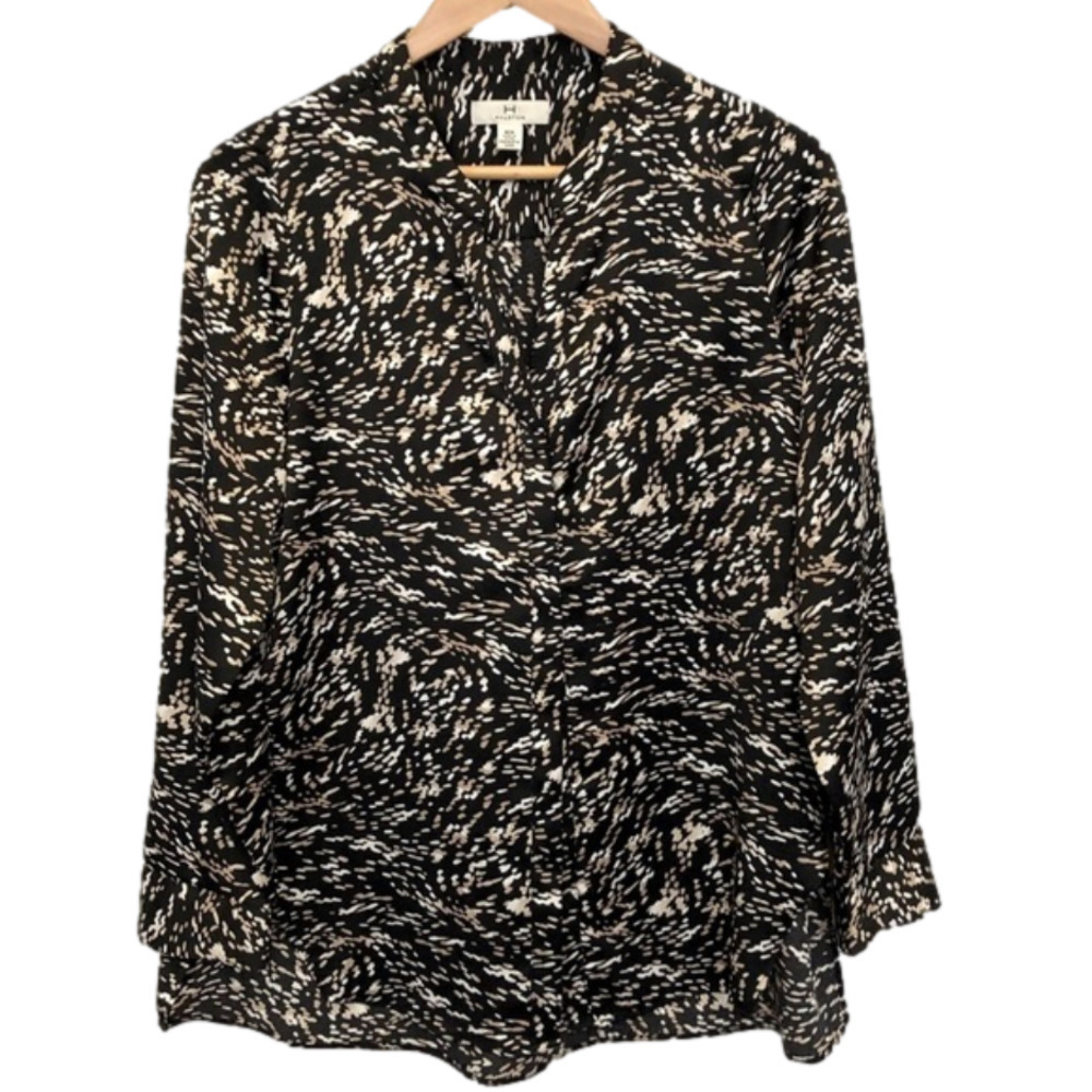 HALSTON oversized blouse long sleeve tunic Button up black abstract print Medium